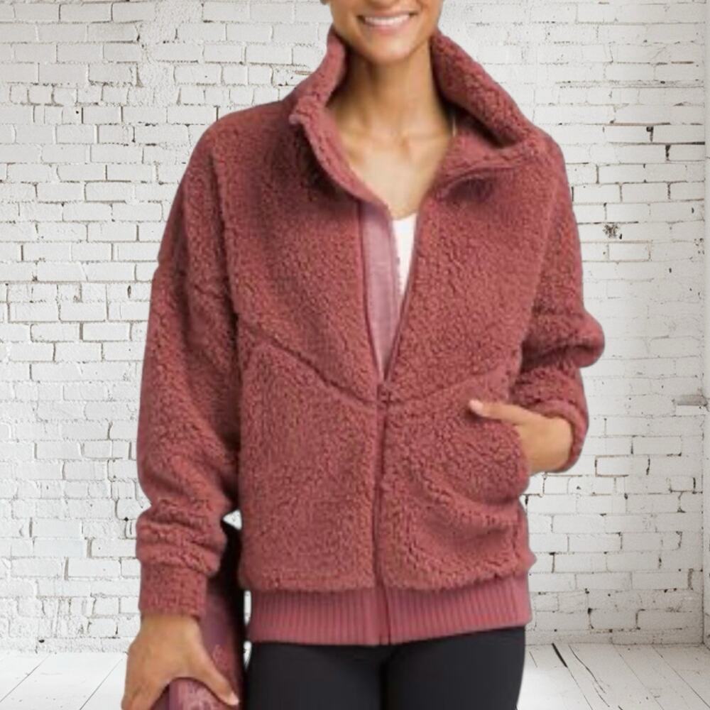 Prana Permafrost Jacket Fleece Zip Teddy Plush Ribbed Sz XL Deep Mauve Pink Warm